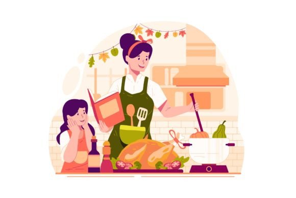 Mother and Daughter Cooking Illustration: A Design Asset for Thanksgiving Themes