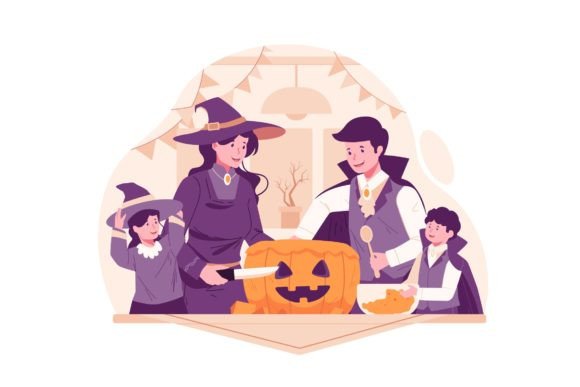 The Family Carving a Pumpkin Illustration: A Versatile Halloween Visual