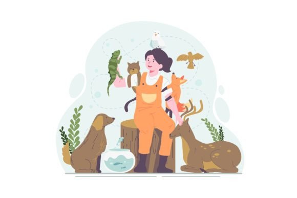 World Animal Day Illustration: Cute Girl Playing with Animals SVG